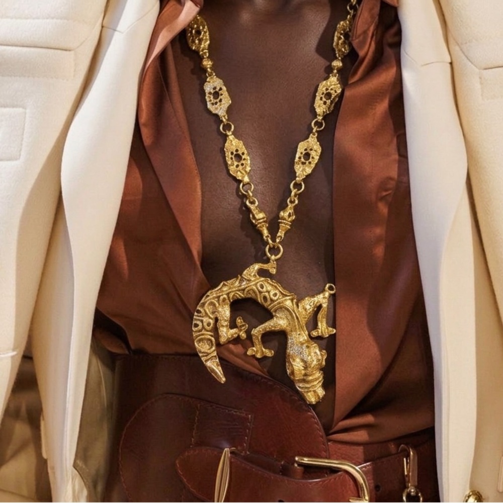 Massive VTG 80s Runway Lizard Necklace - 112g Molten Gold Style - Heavy Couture - Picture 3 of 11
